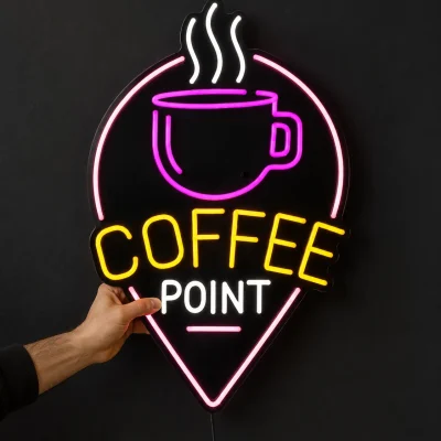 تابلو نئون فلکسی طرح فنجان به همراه نوشته COFFEE و ایکون نشان از نمای رو به رو