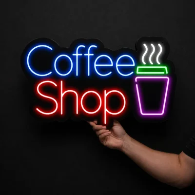 تابلو نئون کافه طرح ماگ و نوشته انگلیسی coffee shop از نمای رو به رو